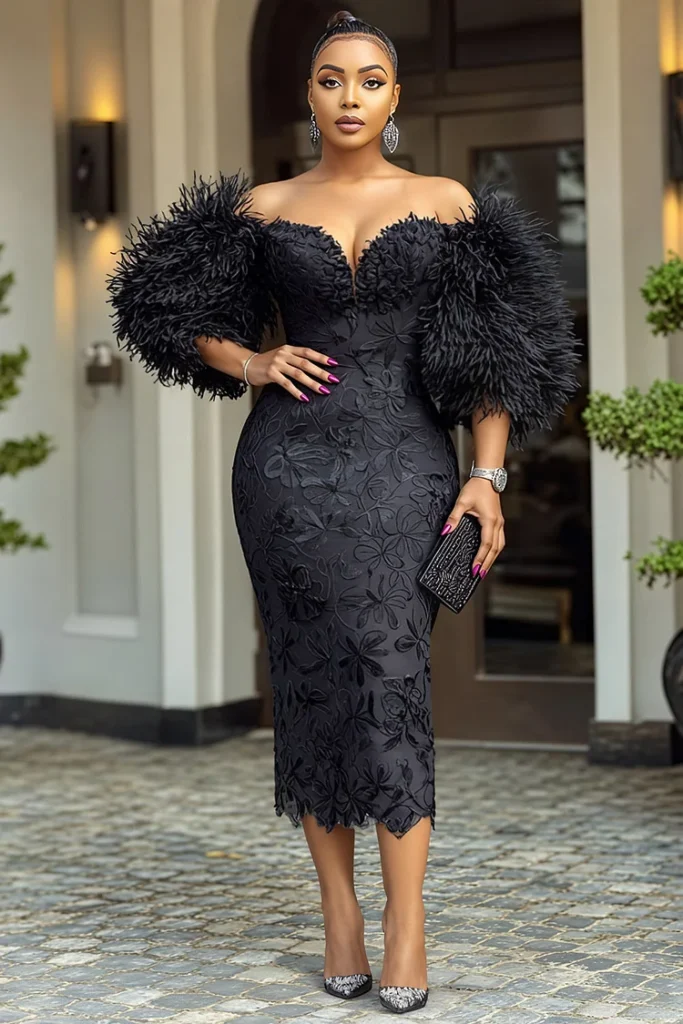 Plus Size Black Off-Shoulder Guipure Lace Midi with Feather Sleeves