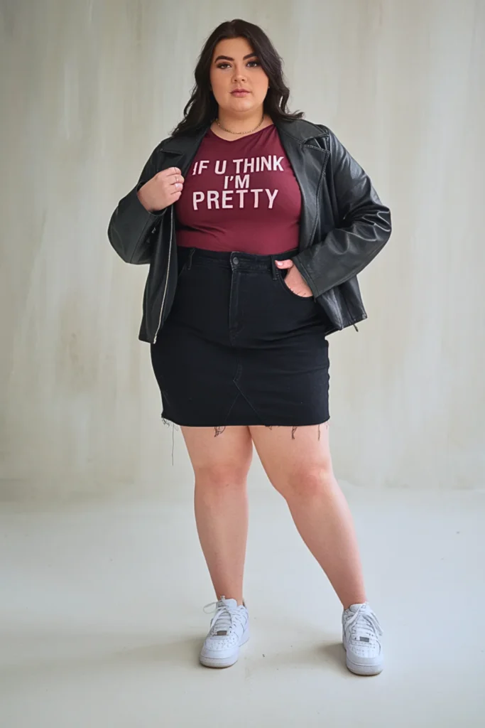 Plus Size Autumn Black Denim Mini Skirt Outfit