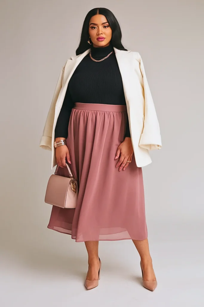 Plus Size Autumn Chiffon Midi Skirt Outfit