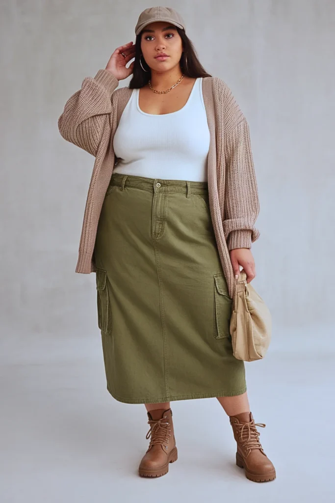 Plus Size Autumn Cargo Midi Skirt Outfit