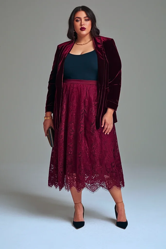 Plus Size Autumn Lace Overlay Skirt Outfit