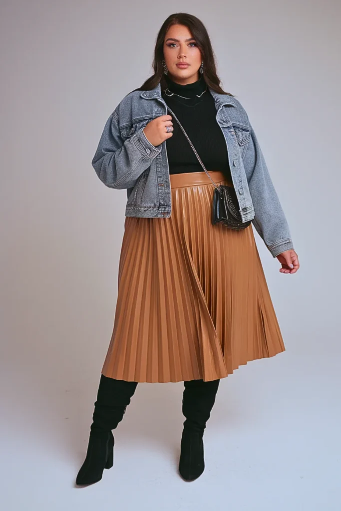 Plus Size Autumn Faux Leather Pleated Skirt Outfit