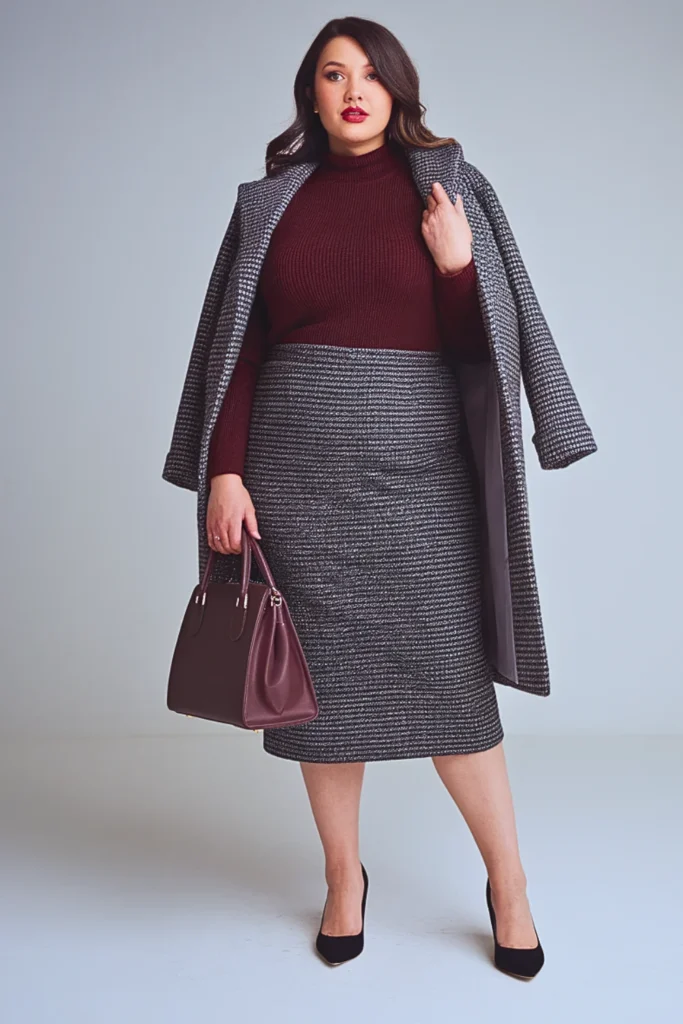 Plus Size Autumn Houndstooth Skirt Outfit