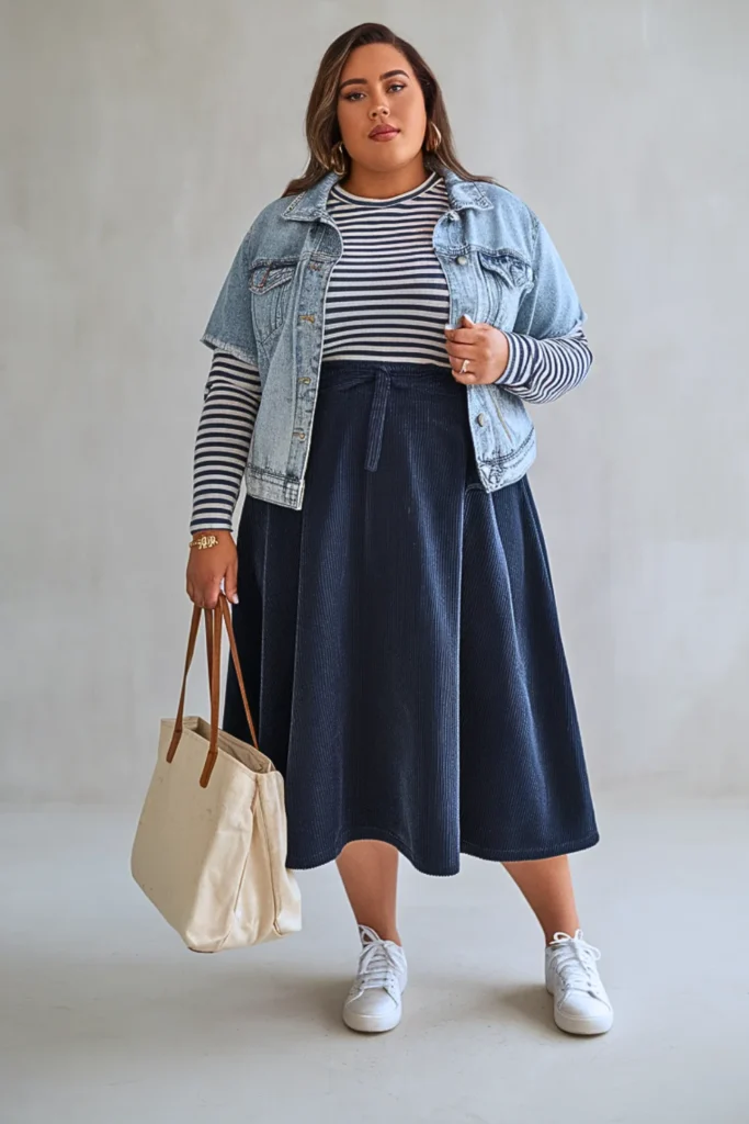 Plus Size Autumn Corduroy A-Line Skirt Outfit