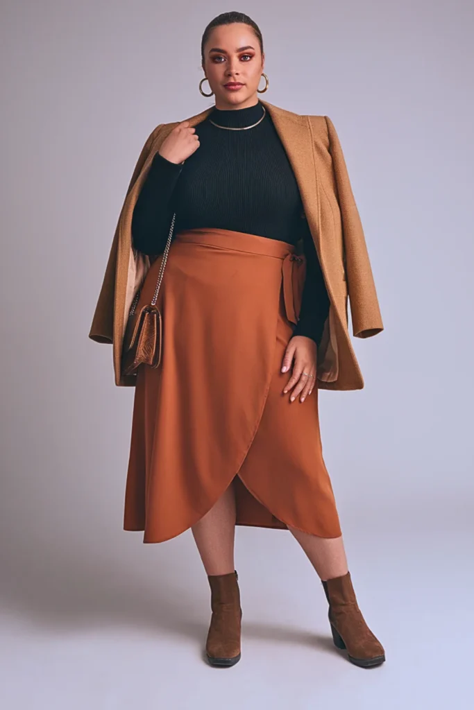 Plus Size Autumn Wrap Midi Skirt Outfit
