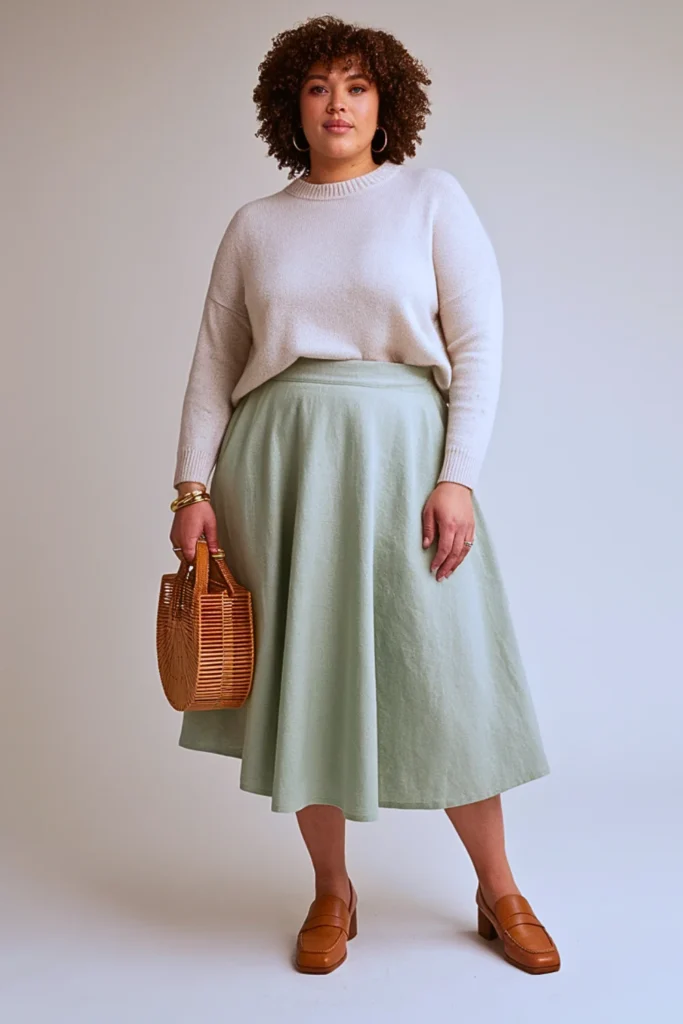 Plus Size Autumn Linen A-Line Skirt Outfit