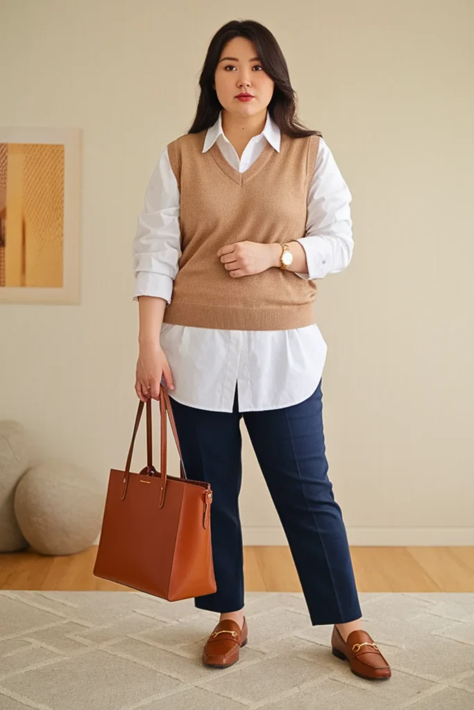 Plus Size Korean Sweater Vest Preppy Autumn Outfit