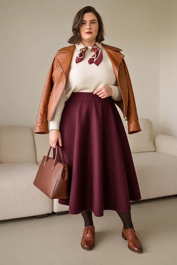 Plus Size Deep Plum Midi Skirt Autumn Outfit