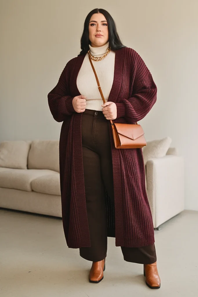 Plus Size Burgundy Cardigan Autumn Outfit