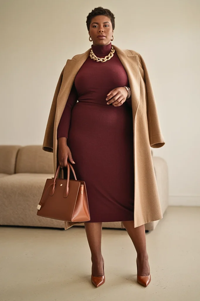 Plus Size Wine Colored Dress Autumn Outfit