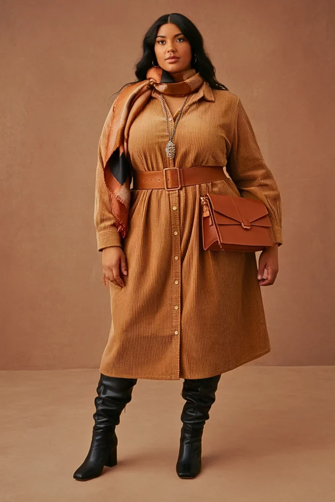 Plus Size Corduroy Shirt Dress and Knee-High Boots Autumn Outfit