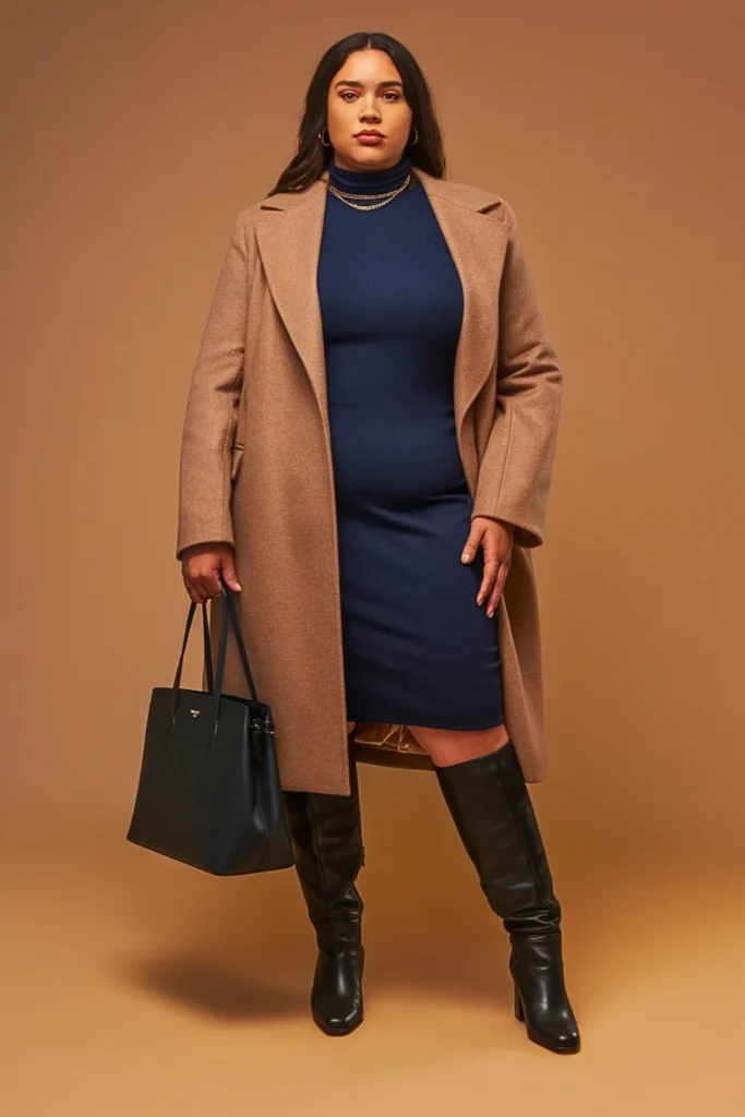 Plus Size Wool Coat and Turtleneck Dress Autumn Outfit
