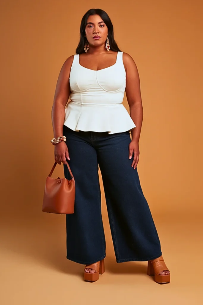 Plus Size Peplum Top and Wide-Leg Jeans Autumn Outfit