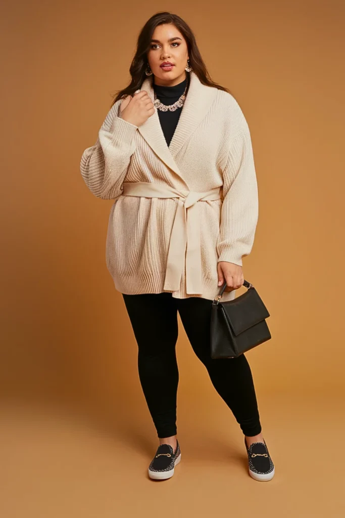 Plus Size Shawl Collar Cardigan and Ponte Leggings Autumn Outfit