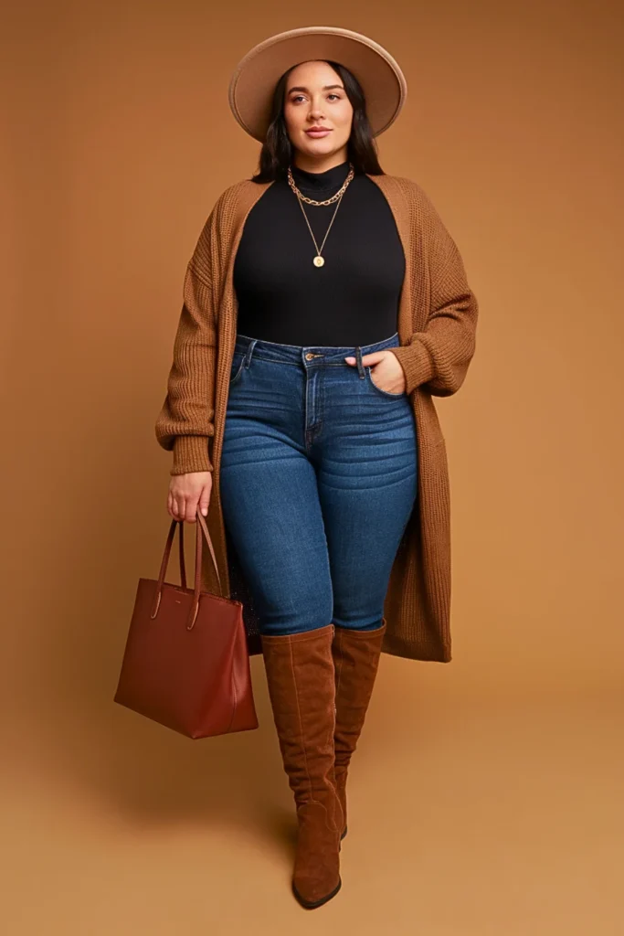 Plus Size Casual Long Sleeve Bodysuit and High Waisted Jeans Autumn Outfit