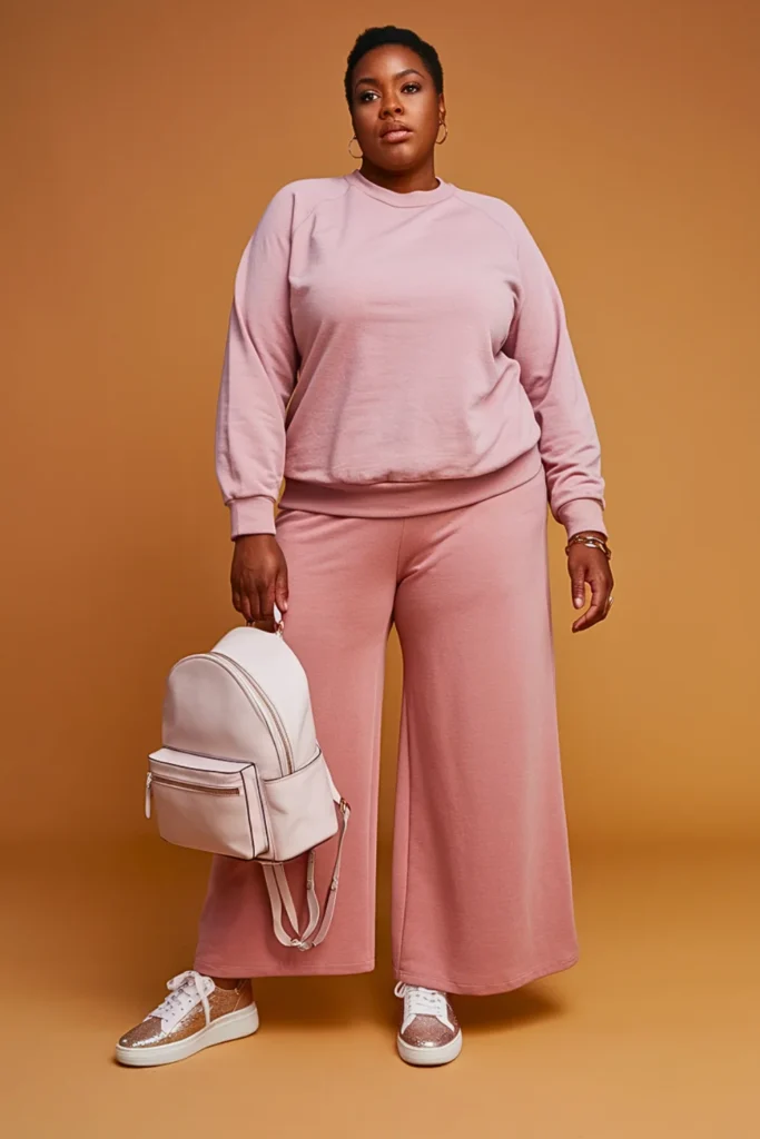 Plus Size Casual Crew Neck Sweatshirt and Palazzo Pants Autumn Outfit