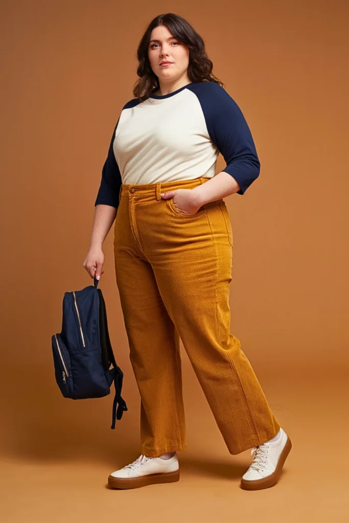 Plus Size Casual Baseball Tee and Straight Leg Corduroys Autumn Outfit