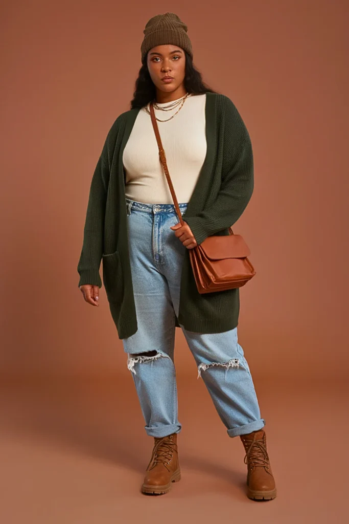 Plus Size Casual Thermal Top and Distressed Jeans Autumn Outfit