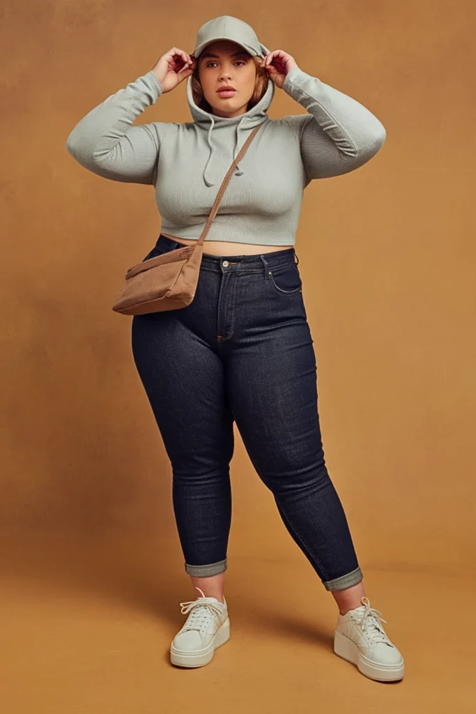Plus Size Casual Hoodie and Dark Wash Jeans Autumn Outfit