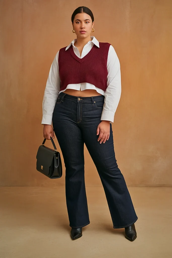 Plus Size Casual Button-Up Shirt and Bootcut Jeans Autumn Outfit