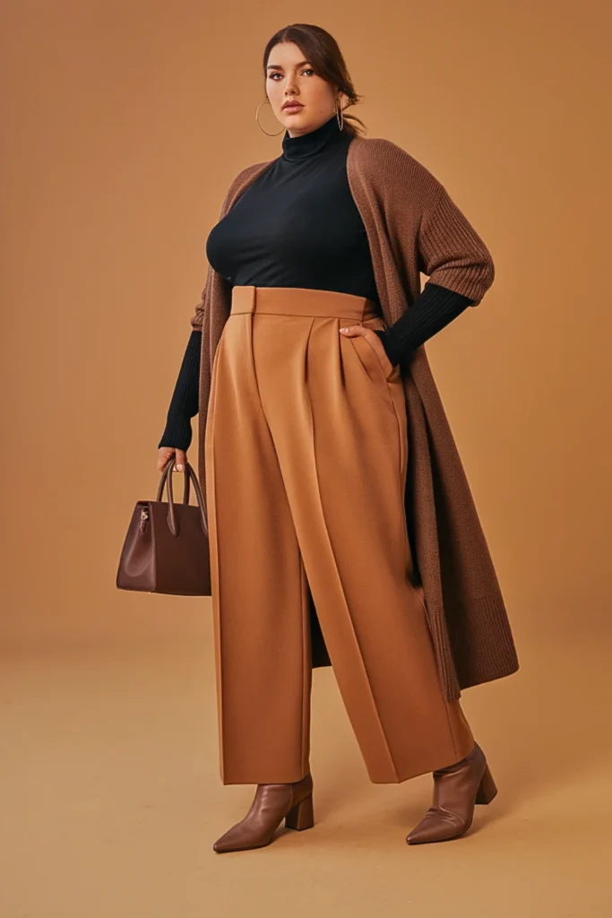 Plus Size Casual Turtleneck and Wide Leg Trousers Autumn Outfit