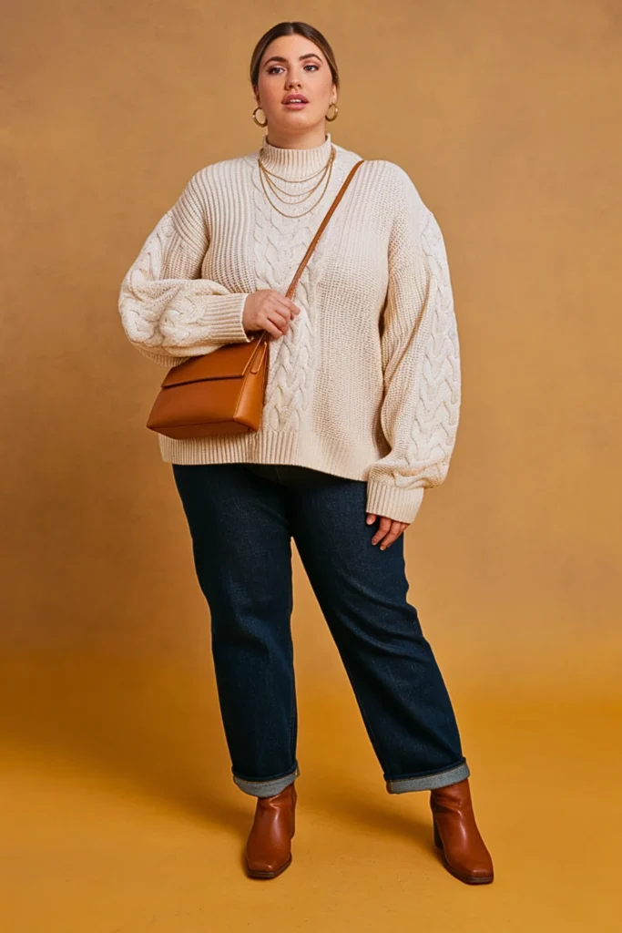 Plus Size Casual Oversized Sweater and Straight Leg Jeans Autumn Outfit
