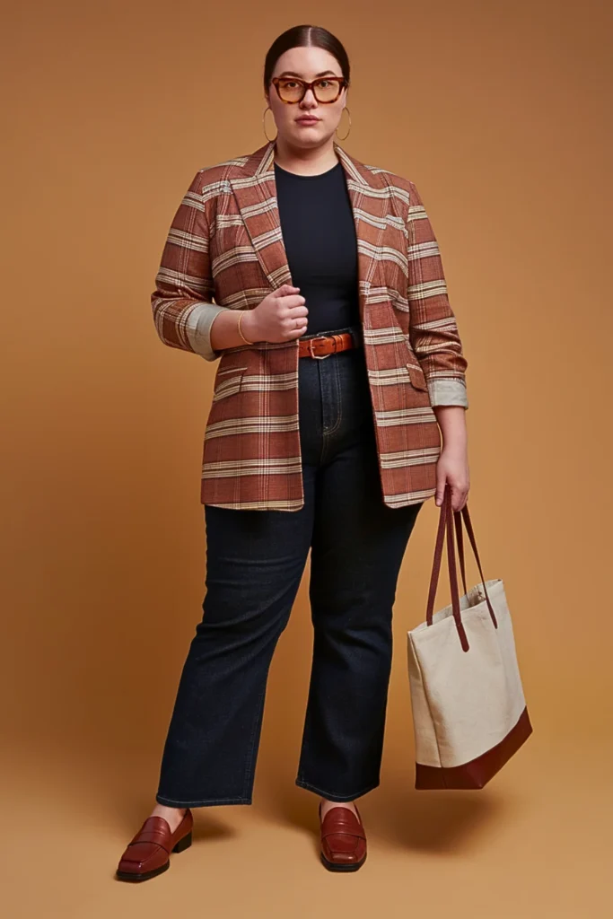 Plus Size Casual Plaid Shirt and Black Leggings Autumn Outfit