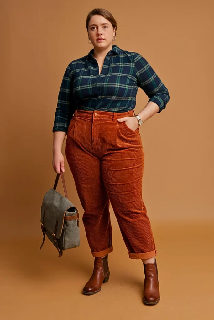 Plus Size Casual Peasant Blouse and Corduroy Pants Autumn Outfit