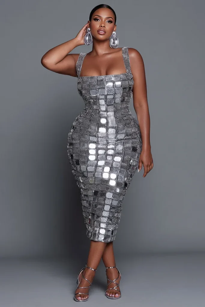 Plus Size Silver Sequin Bodycon Midi Dress