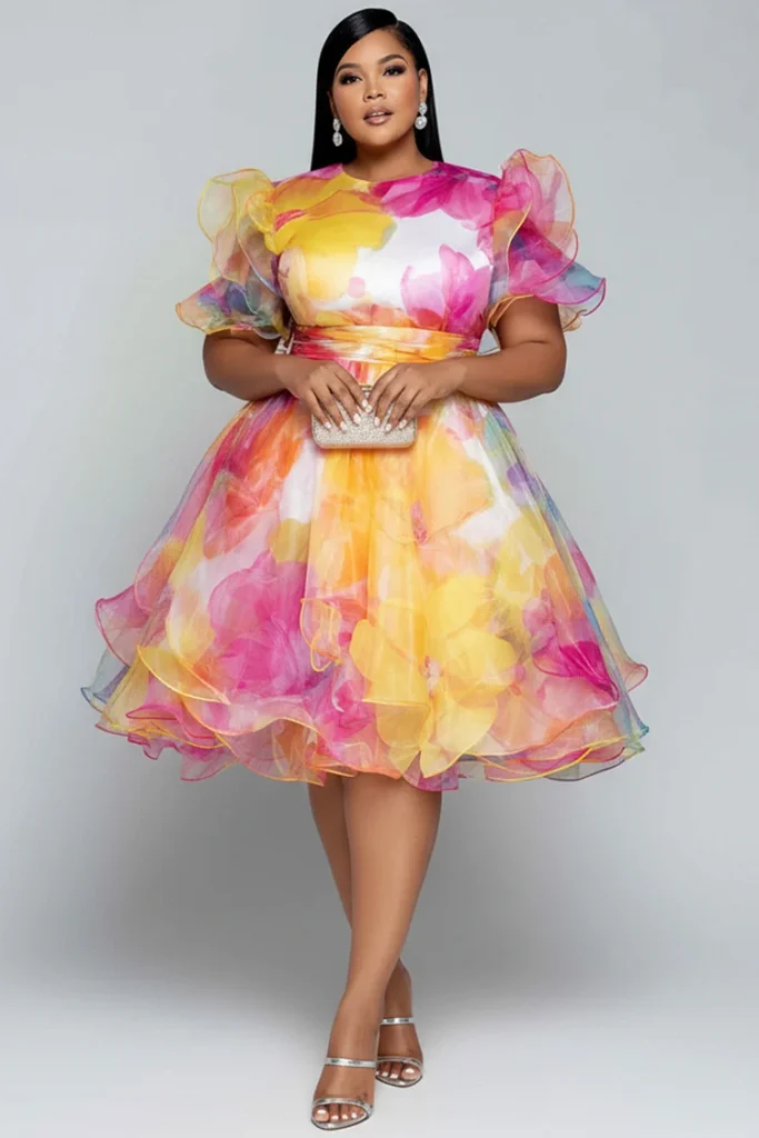 Plus Size Multicolor Floral Chiffon Mini Dress with Ruffle Sleeves