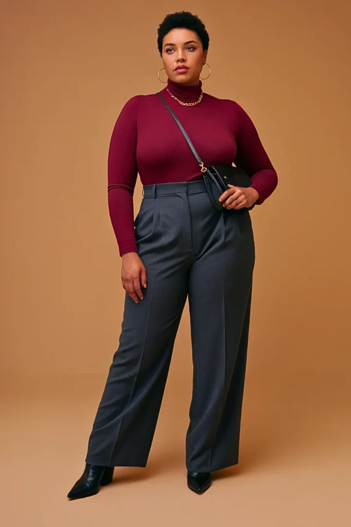  Plus Size Burgundy Turtleneck and Wide-Leg Trousers Autumn Outfit