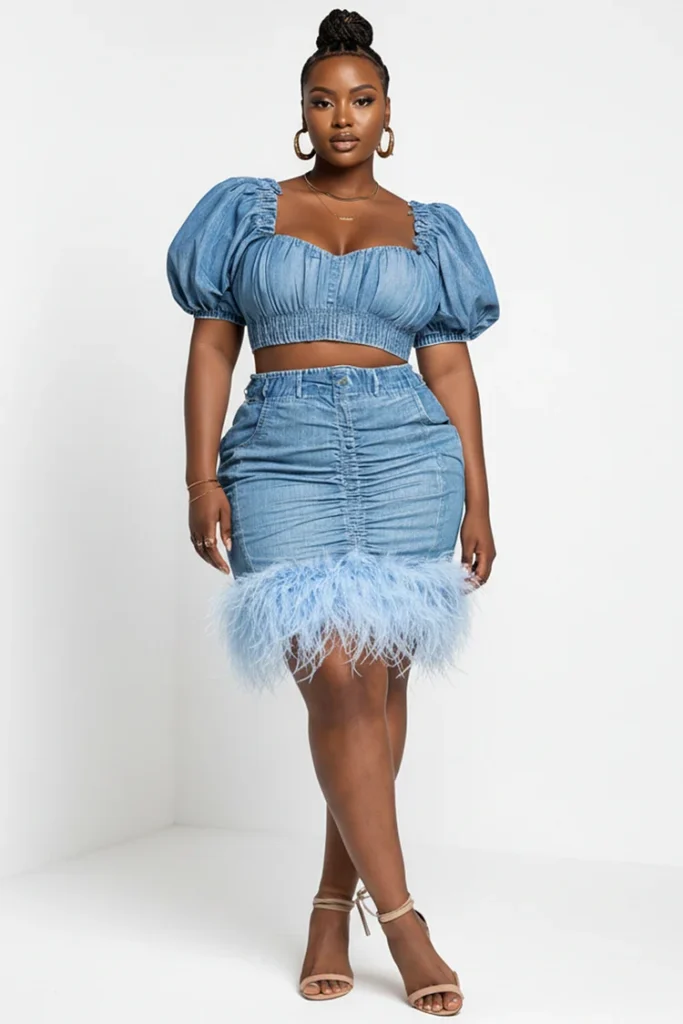 4. Plus Size Light Blue Denim Two-Piece Set with Feather Trim
