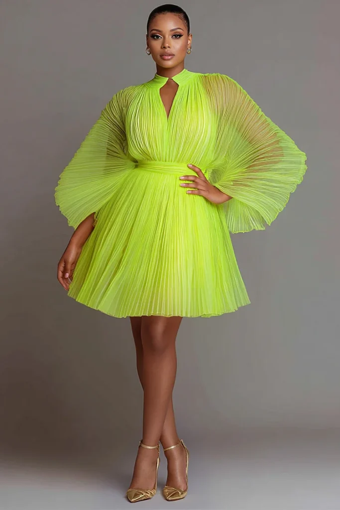 5. Plus Size Fluorescent Green Pleated Tulle Mini Dress with Lantern Sleeves