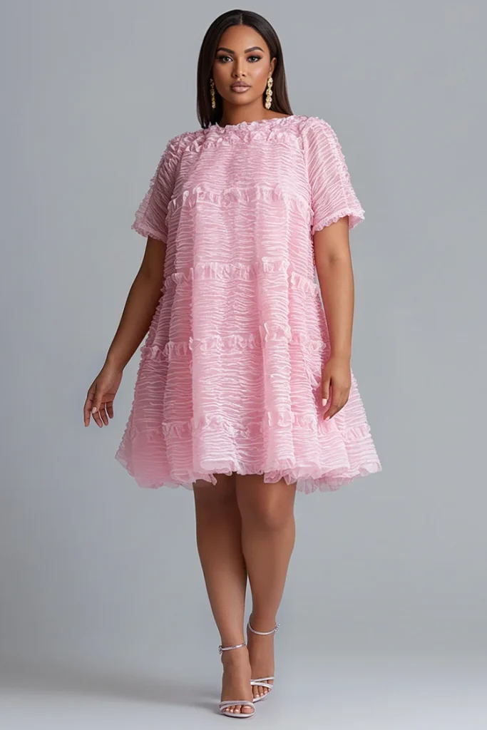 6. Plus Size Elegant Pink Textured Mini Dress with Fringe Details