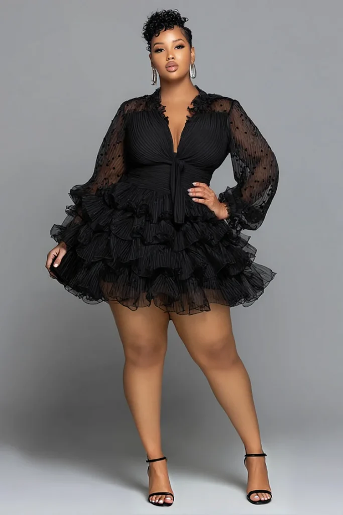Plus Size Black Lace Mini Dress with Tiered Ruffle Skirt