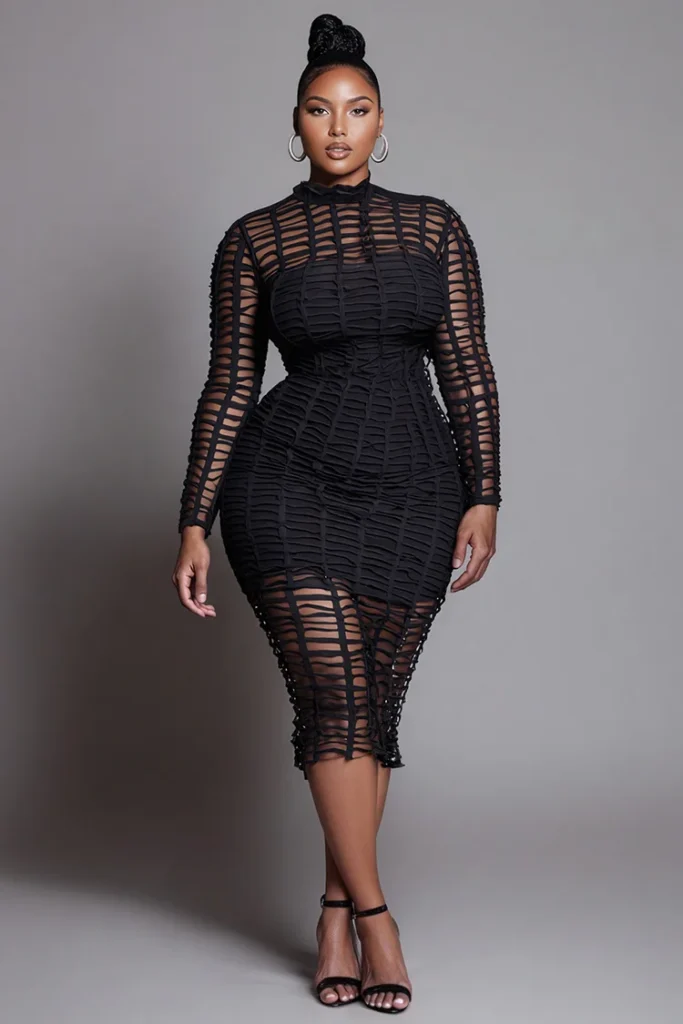 Plus Size Black Ruched Sheer Bodycon Midi Dress with Mock Neck