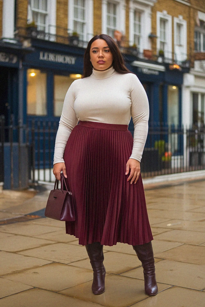 Plus Size Turtleneck And Pleated Skirt Fall Outfit
