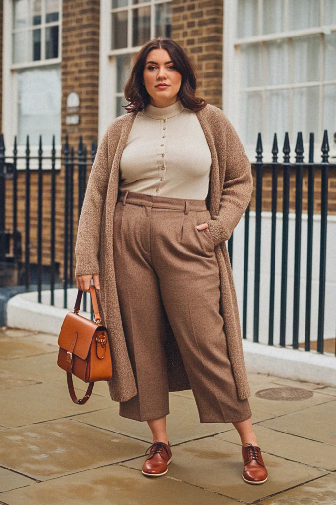 Plus Size Cardigan And Cropped Trousers Fall Outfit