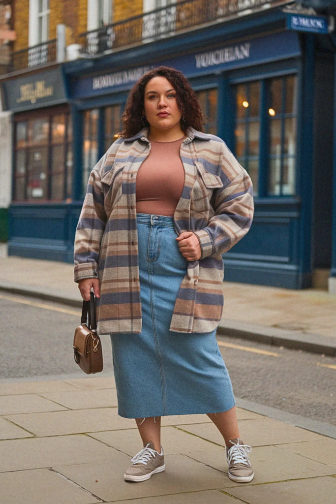  Plus Size Shacket And Straight Skirt Fall Outfit