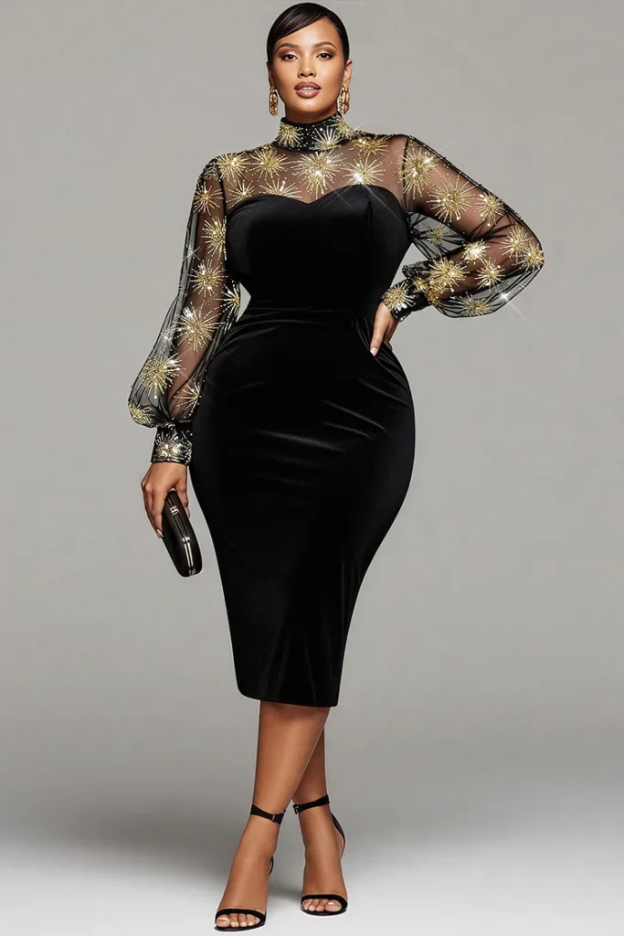 Plus Size Black Velvet Bodycon Midi with Gold Embroidered Sheer Sleeves