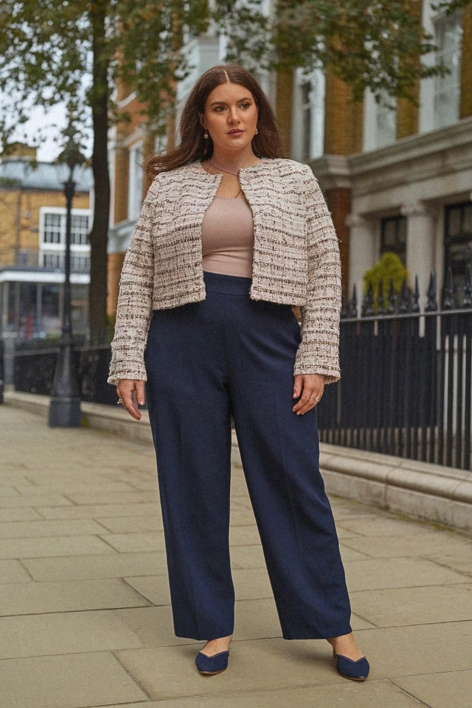 Plus Size Cropped Jacket And High-Waisted Pants Fall Outfit