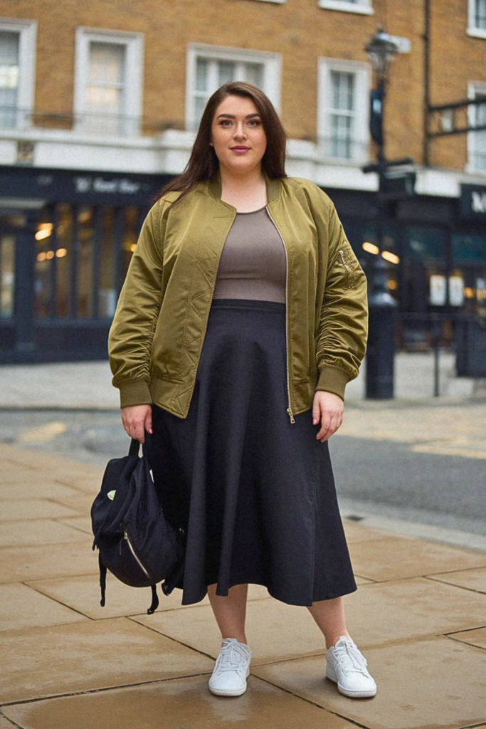  Plus Size Bomber Jacket And Midi Skirt Fall Outfit