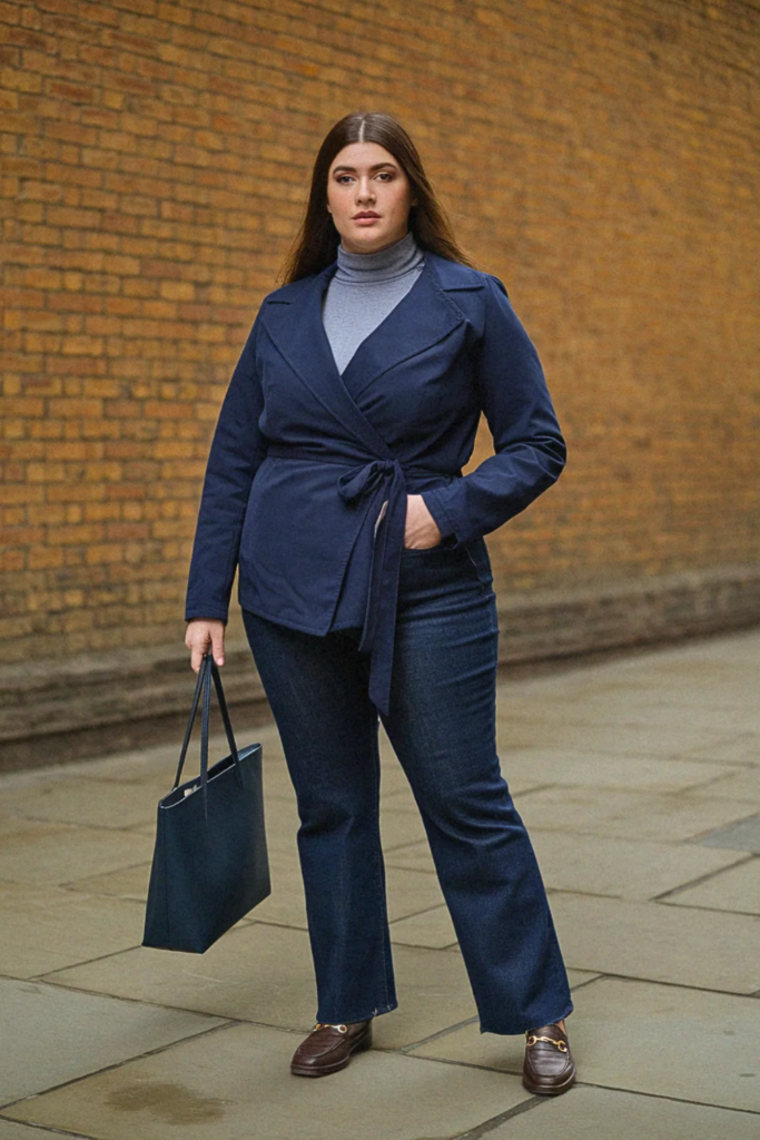 Plus Size Wrap Jacket And Straight Jeans Fall Outfit