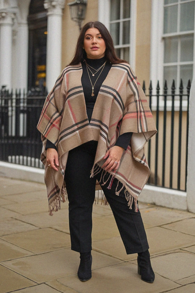 Plus Size Poncho And Fitted Pants Fall Outfit