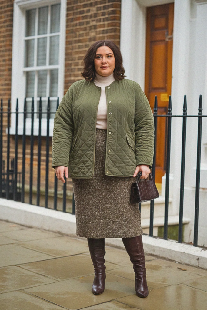 Plus Size Quilted Jacket And Straight Skirt Fall Outfit