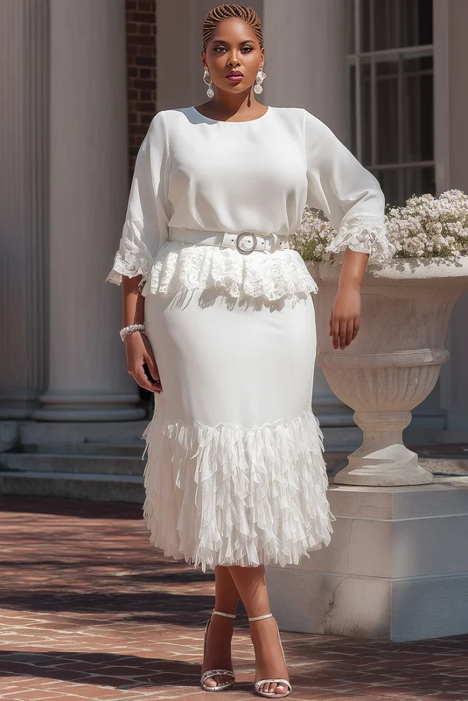 Plus Size White Two-Piece Set with Feather and Lace Details