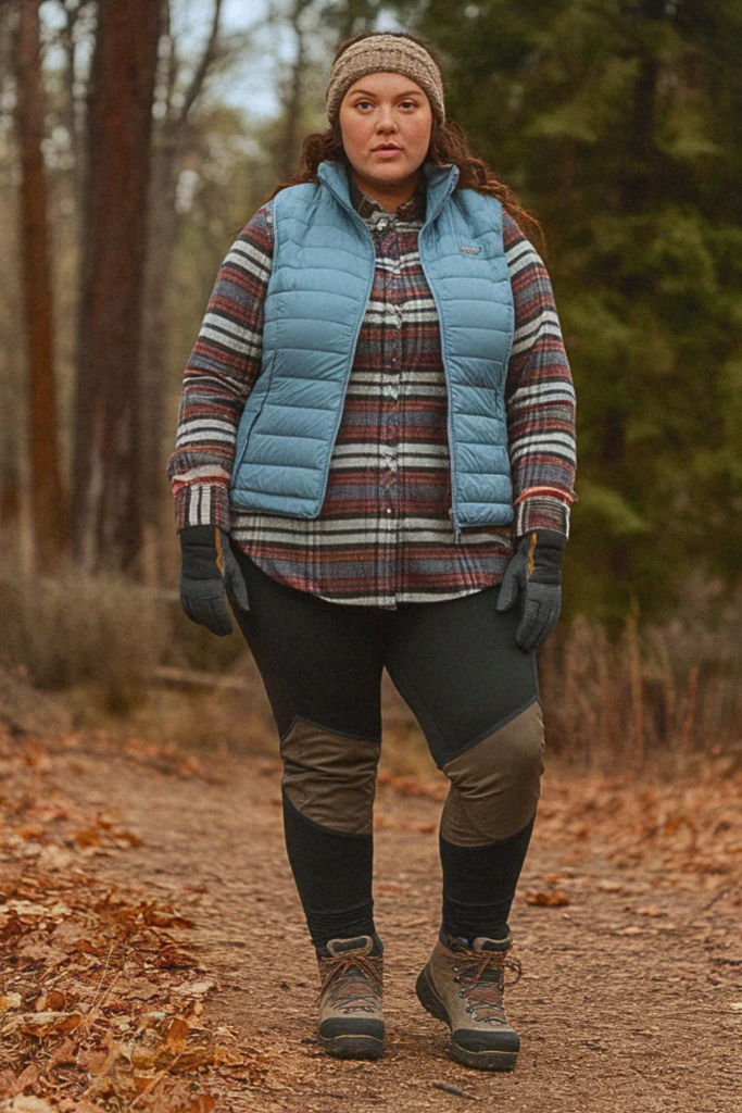 Plus Size Fall Flannel Shirt with Insulated Vest Hiking Outfit