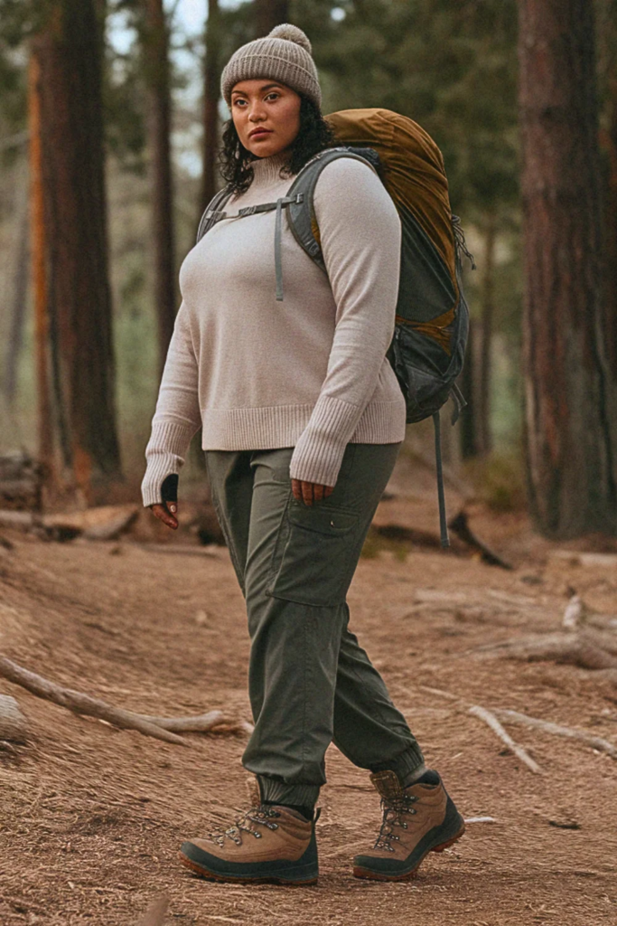 Plus Size Fall Merino Wool Sweater with Cargo Pants Hiking Outfit