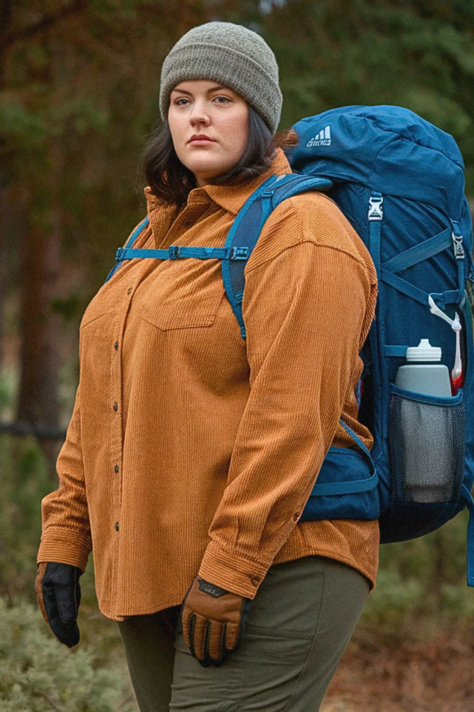 Plus Size Fall Corduroy Shirt with Softshell Pants Hiking Outfit