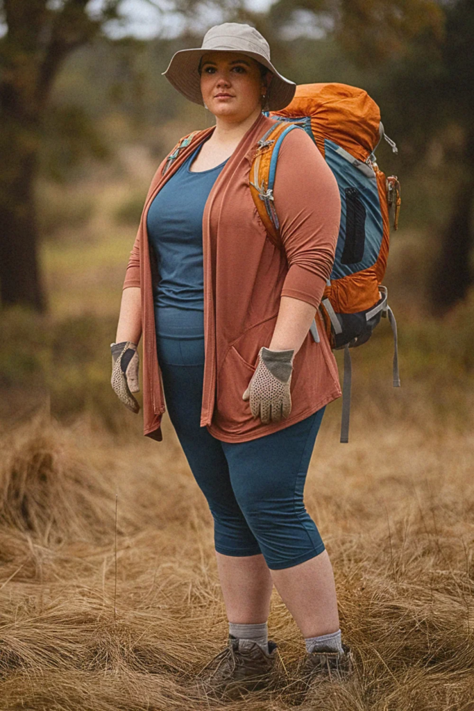 Plus Size Fall Cardigan with Hiking Capris Hiking Outfit